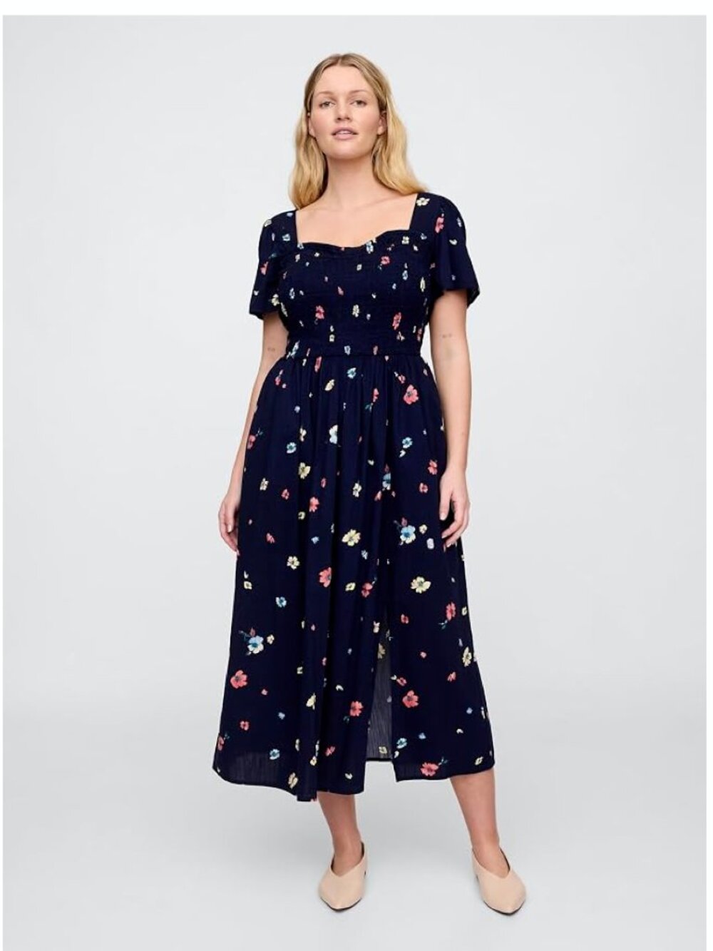 GAP Womens Print Smocked Puff Sleeve Floral Midi Dress